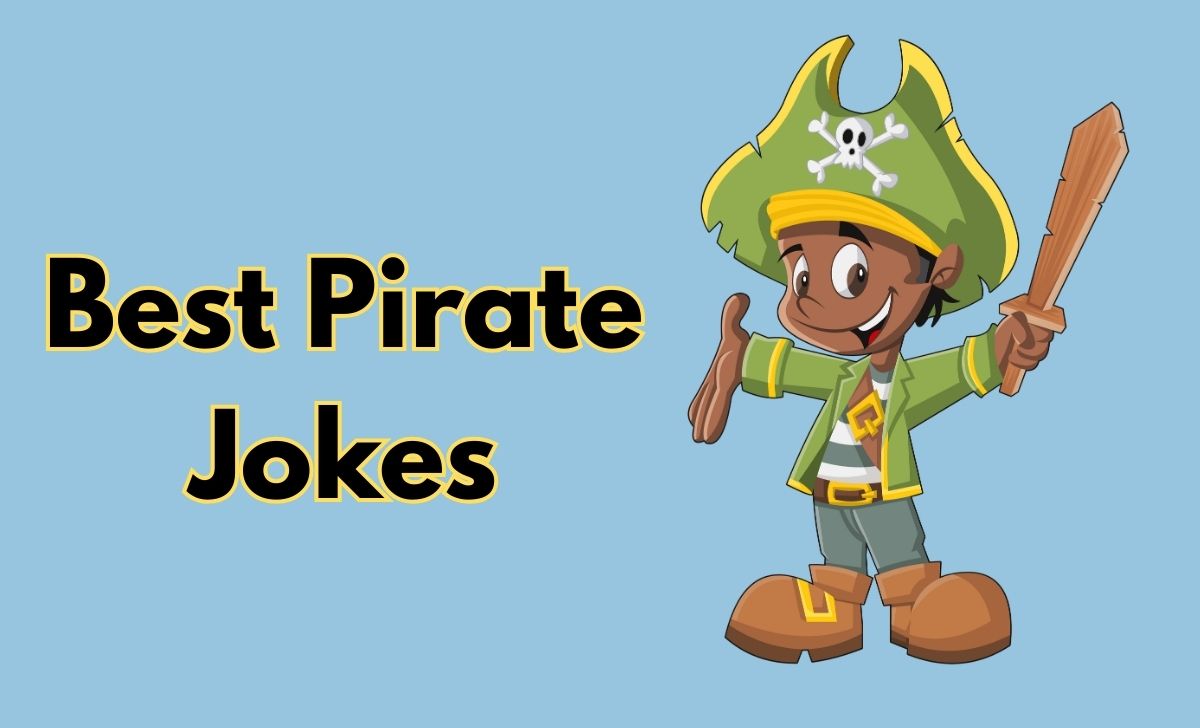 Funny pirate jokes and puns illustration with a cartoon pirate, treasure chest, and ship wheel for humor blog post